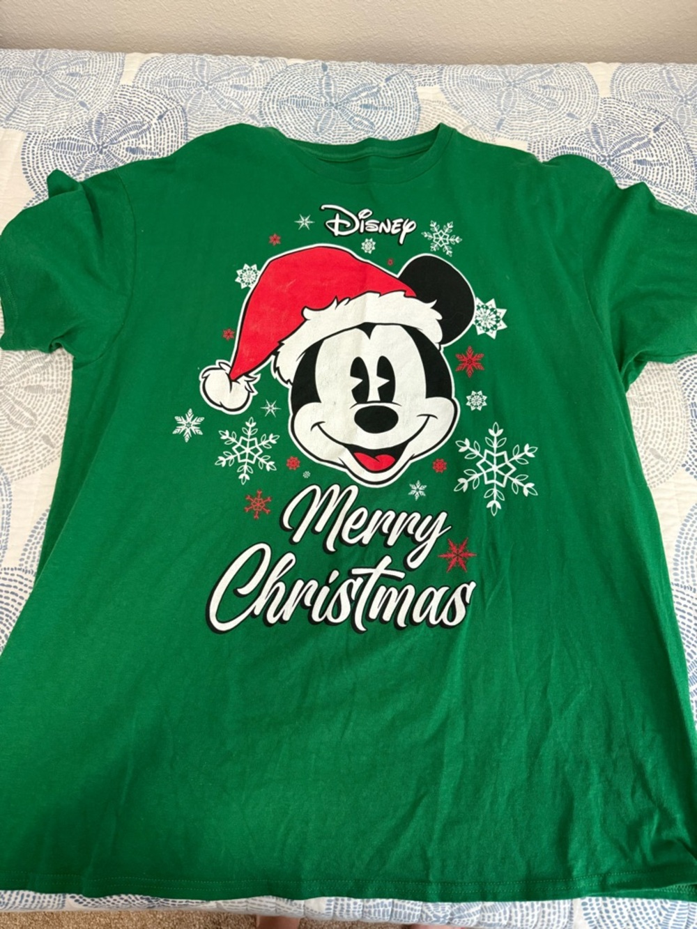 Disney Green Mickey Mouse Merry Christmas Tee with Red Santa Hat